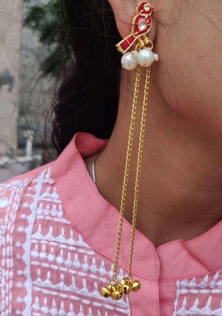 Gold-Plated Contemporary Drop Earrings with Pearl for Women | Traditional Ethnic Jewellery for Wedding & Festive Wear | Gift for Her - Indya