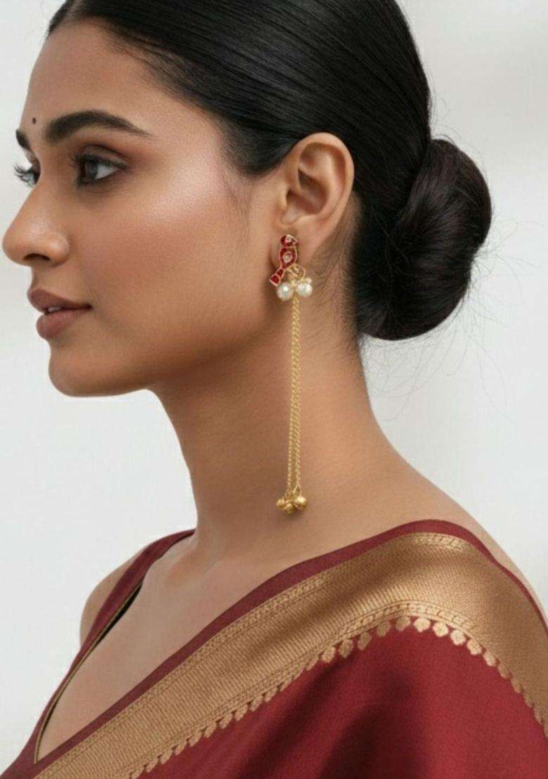 Gold-Plated Contemporary Drop Earrings with Pearl for Women | Traditional Ethnic Jewellery for Wedding & Festive Wear | Gift for Her - Indya