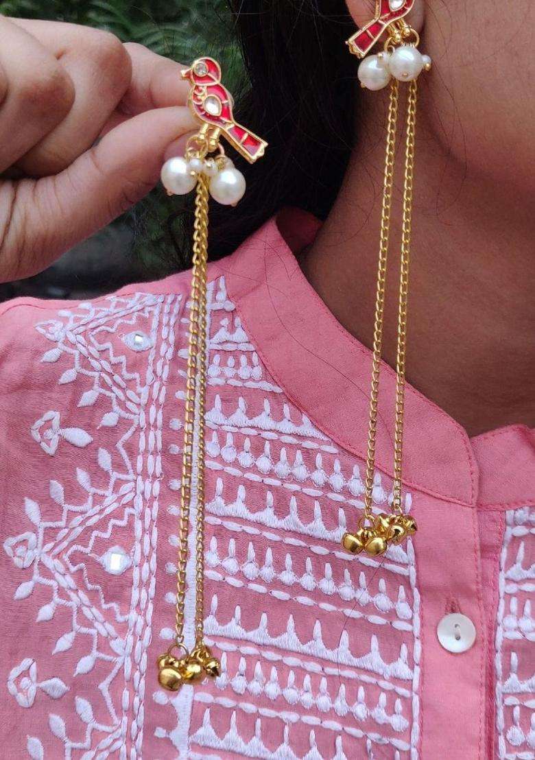 Gold-Plated Contemporary Drop Earrings with Pearl for Women | Traditional Ethnic Jewellery for Wedding & Festive Wear | Gift for Her - Indya