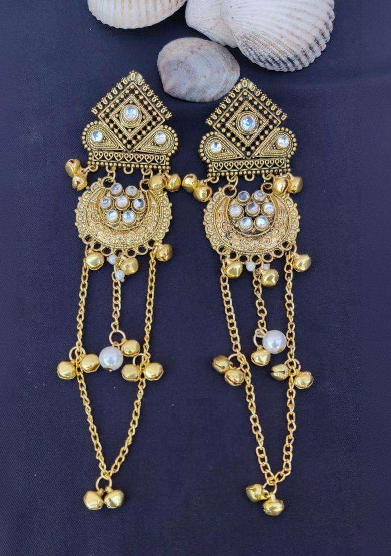 Gold-Plated Contemporary Drop Earrings with Kundan for Women | Traditional Ethnic Jewellery for Wedding & Festive Wear | Gift for Her - Indya