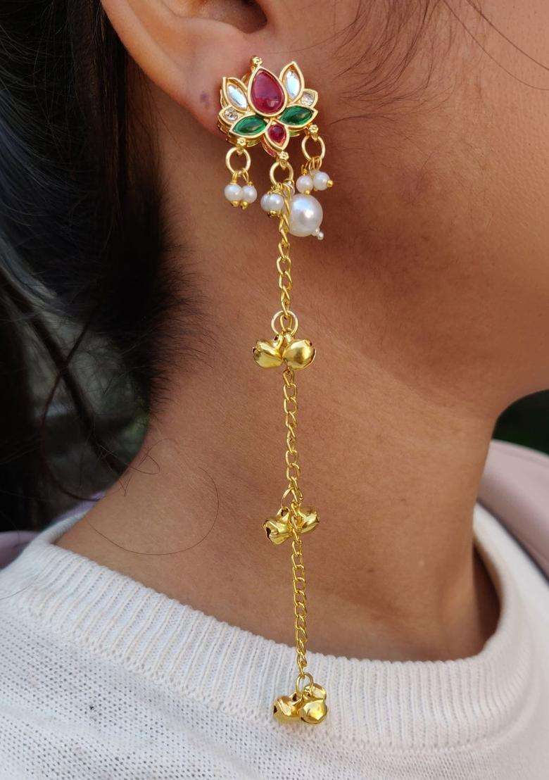 Gold-Plated Contemporary Drop Earrings with Kundan for Women | Traditional Ethnic Jewellery for Wedding & Festive Wear | Gift for Her - Indya