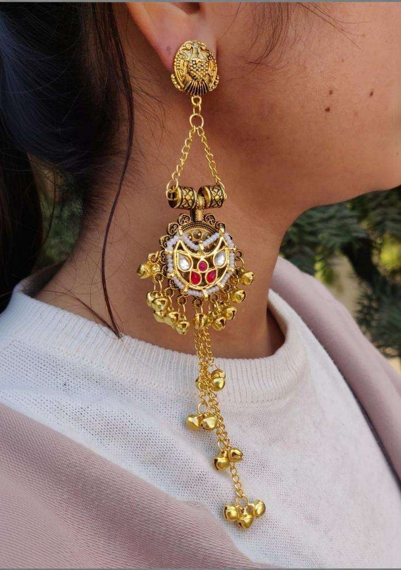 Gold-Plated Contemporary Drop Earrings with Kundan for Women | Traditional Ethnic Jewellery for Wedding & Festive Wear | Gift for Her - Indya