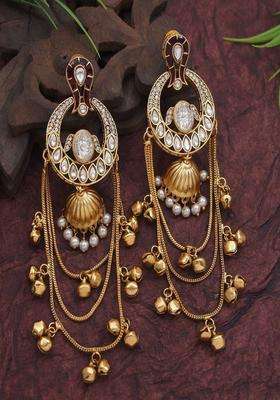 Gold-Plated Stone-Studded & Pearl Beaded Drop Earrings for Women | Traditional Ethnic Jewellery for Wedding & Festive Wear | Gift for Her