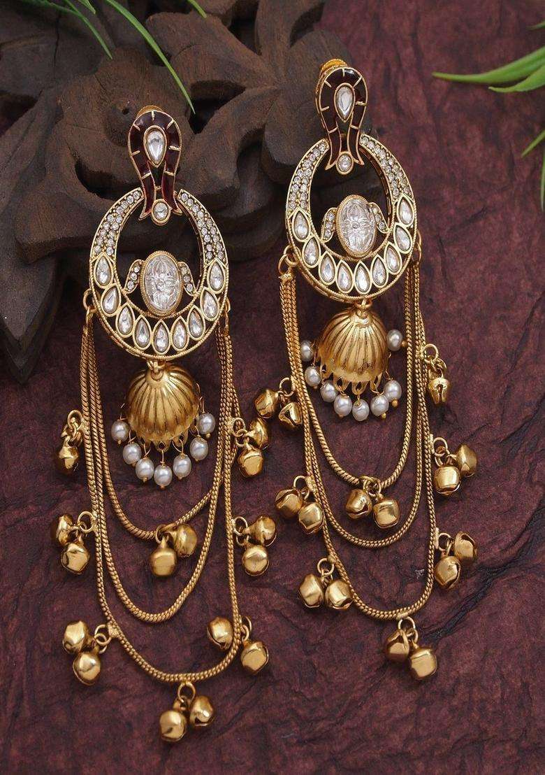 Gold-Plated Stone-Studded & Pearl Beaded Drop Earrings for Women | Traditional Ethnic Jewellery for Wedding & Festive Wear | Gift for Her - Indya