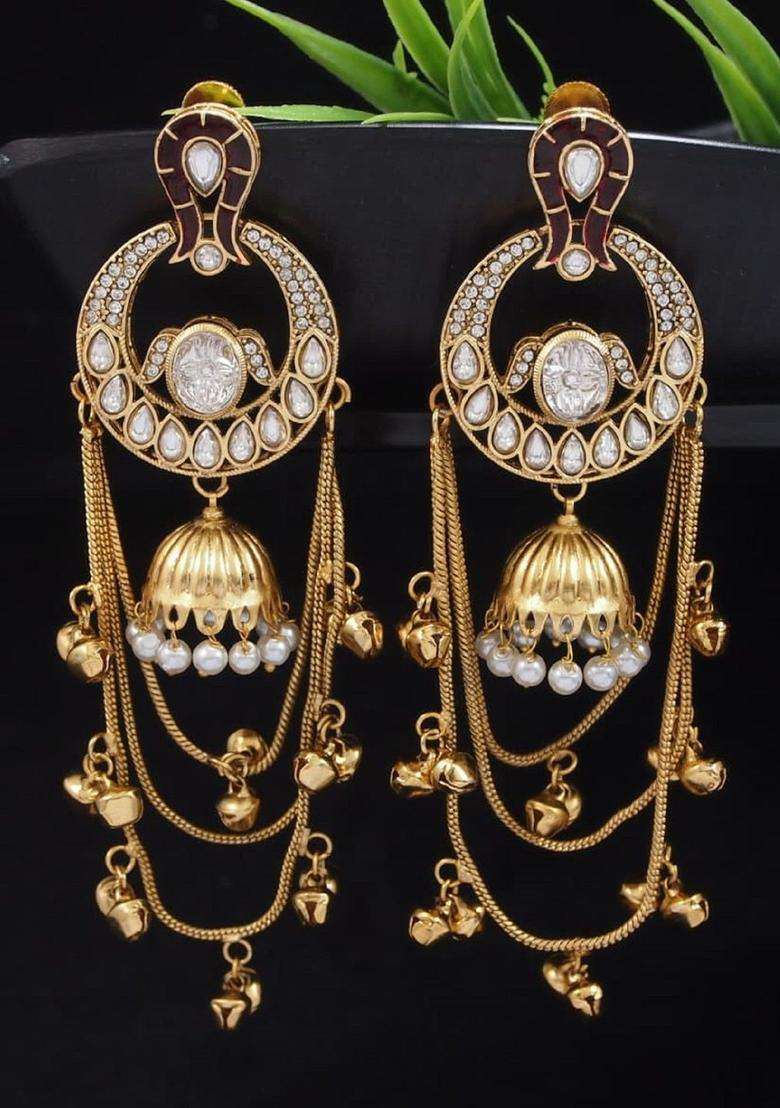 Gold-Plated Stone-Studded & Pearl Beaded Drop Earrings for Women | Traditional Ethnic Jewellery for Wedding & Festive Wear | Gift for Her - Indya