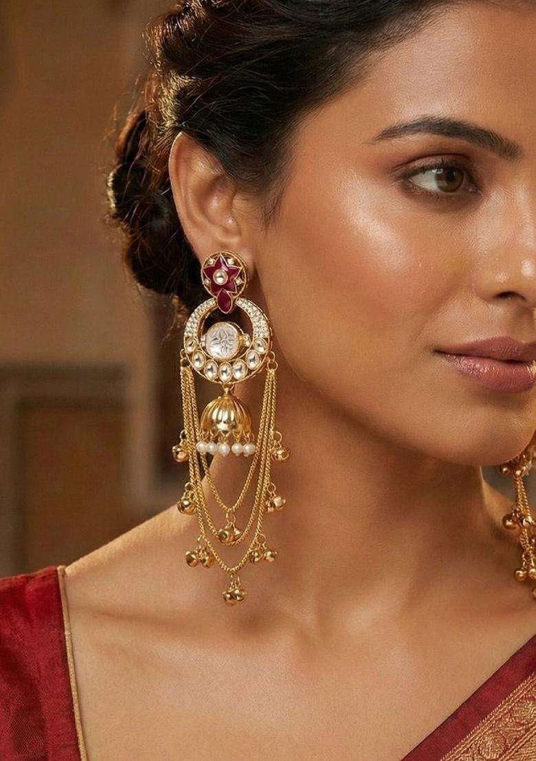 Gold-Plated Stone-Studded & Pearl Beaded Drop Earrings for Women | Traditional Ethnic Jewellery for Wedding & Festive Wear | Gift for Her - Indya