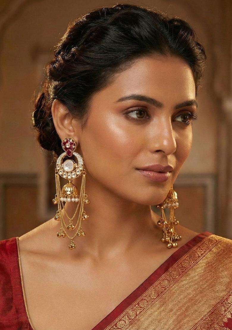 Gold-Plated Stone-Studded & Pearl Beaded Drop Earrings for Women | Traditional Ethnic Jewellery for Wedding & Festive Wear | Gift for Her - Indya
