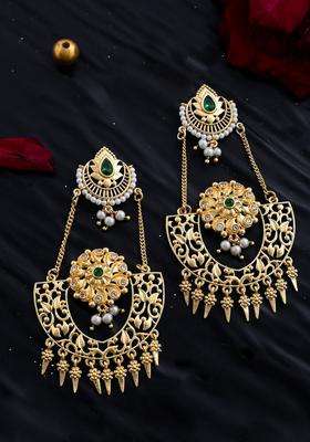 Gold-Plated Abharan Green Stones and Pearls Opulent Drop Earrings with American Diamond for Women | Fusion Party & Festive Wear | Gift for Her