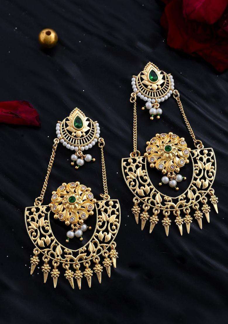 Gold-Plated Abharan Green Stones and Pearls Opulent Drop Earrings with American Diamond for Women | Fusion Party & Festive Wear | Gift for Her - Indya
