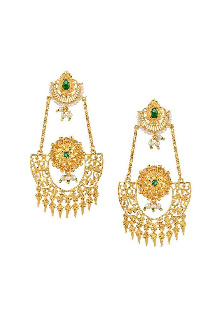 Gold-Plated Abharan Green Stones and Pearls Opulent Drop Earrings with American Diamond for Women | Fusion Party & Festive Wear | Gift for Her - Indya