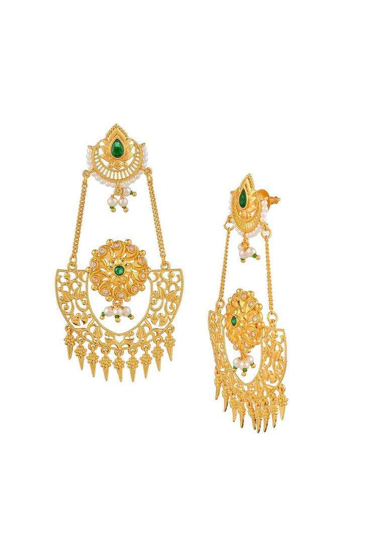 Gold-Plated Abharan Green Stones and Pearls Opulent Drop Earrings with American Diamond for Women | Fusion Party & Festive Wear | Gift for Her - Indya