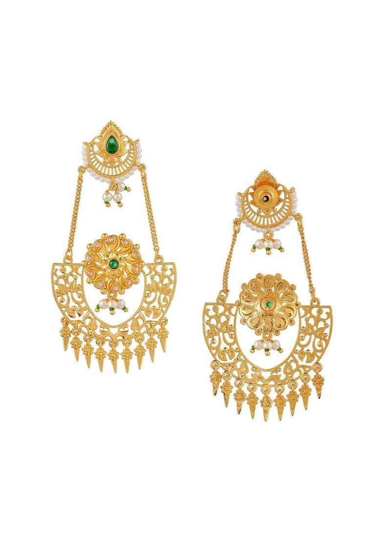 Gold-Plated Abharan Green Stones and Pearls Opulent Drop Earrings with American Diamond for Women | Fusion Party & Festive Wear | Gift for Her - Indya