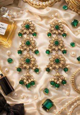 Green Gold-Plated Kundan & Faux Pearl Stone Studded Floral Drop Earrings for Women | Traditional Ethnic Jewellery for Wedding & Festive Wear | Gift for Her