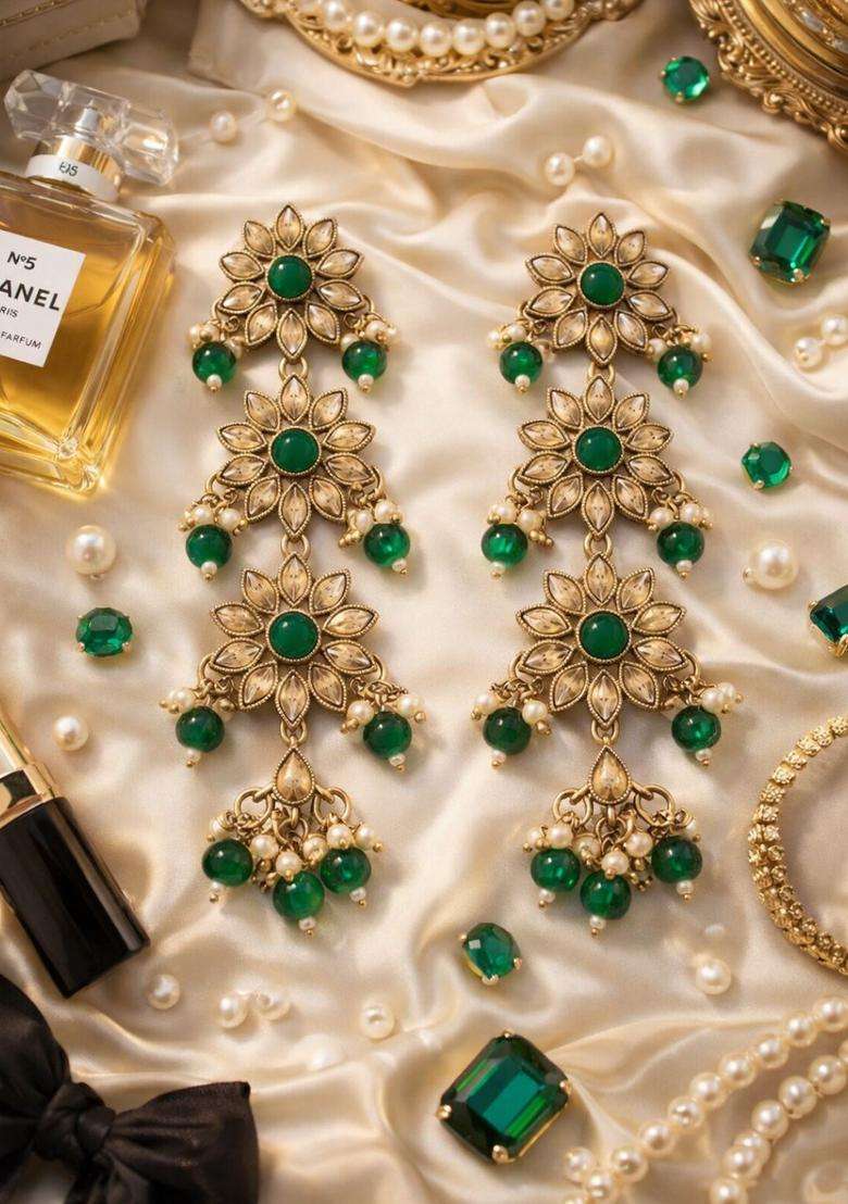 Green Gold-Plated Kundan & Faux Pearl Stone Studded Floral Drop Earrings for Women | Traditional Ethnic Jewellery for Wedding & Festive Wear | Gift for Her - Indya