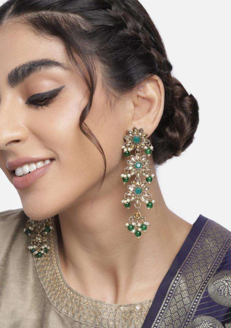 Green Gold-Plated Kundan & Faux Pearl Stone Studded Floral Drop Earrings for Women | Traditional Ethnic Jewellery for Wedding & Festive Wear | Gift for Her - Indya