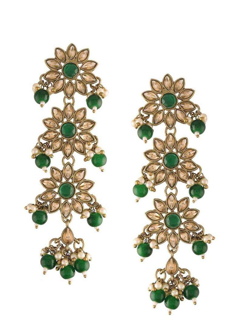 Green Gold-Plated Kundan & Faux Pearl Stone Studded Floral Drop Earrings for Women | Traditional Ethnic Jewellery for Wedding & Festive Wear | Gift for Her - Indya