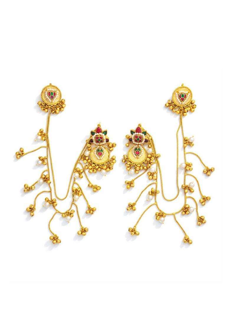 Stainless Steel Gold-Plated Contemporary Drop Earrings with Chains for Women | Traditional Ethnic Jewellery for Wedding & Festive Wear | Gift for Her - Indya