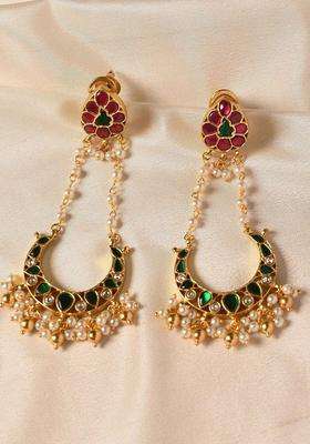 Gold-Plated Kundan Studded Crescent Drop Earrings for Women | Traditional Ethnic Jewellery for Wedding & Festive Wear | Gift for Her