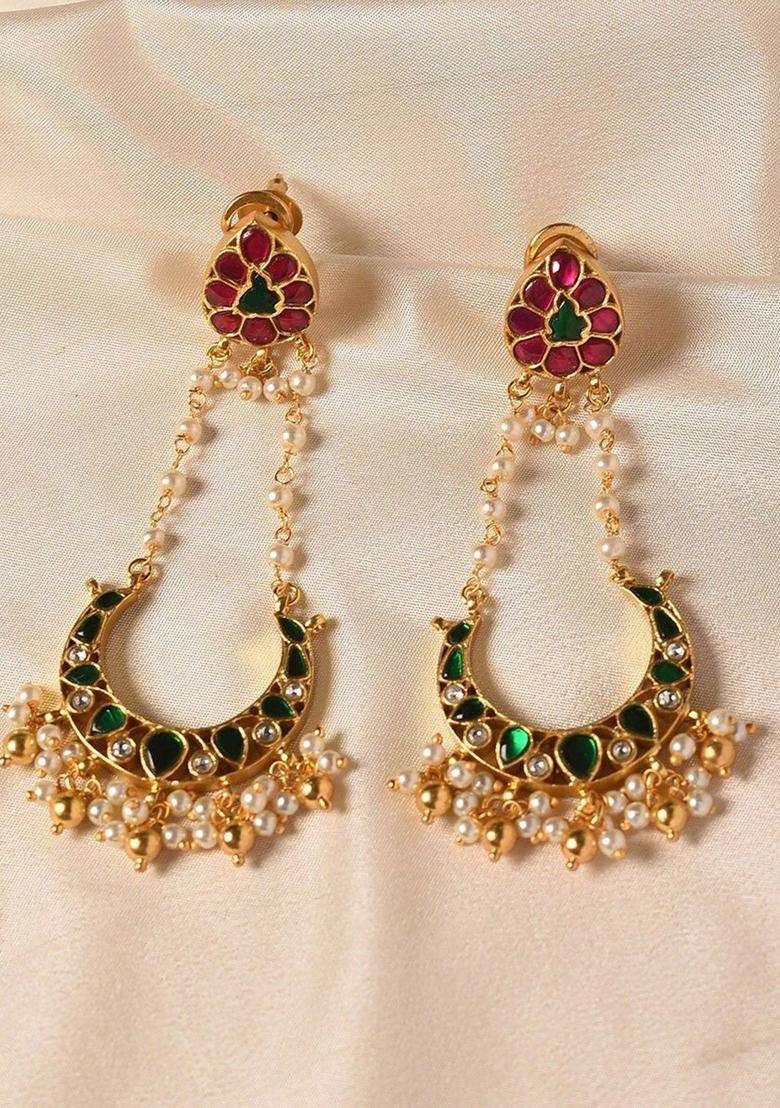 Gold-Plated Kundan Studded Crescent Drop Earrings for Women | Traditional Ethnic Jewellery for Wedding & Festive Wear | Gift for Her - Indya