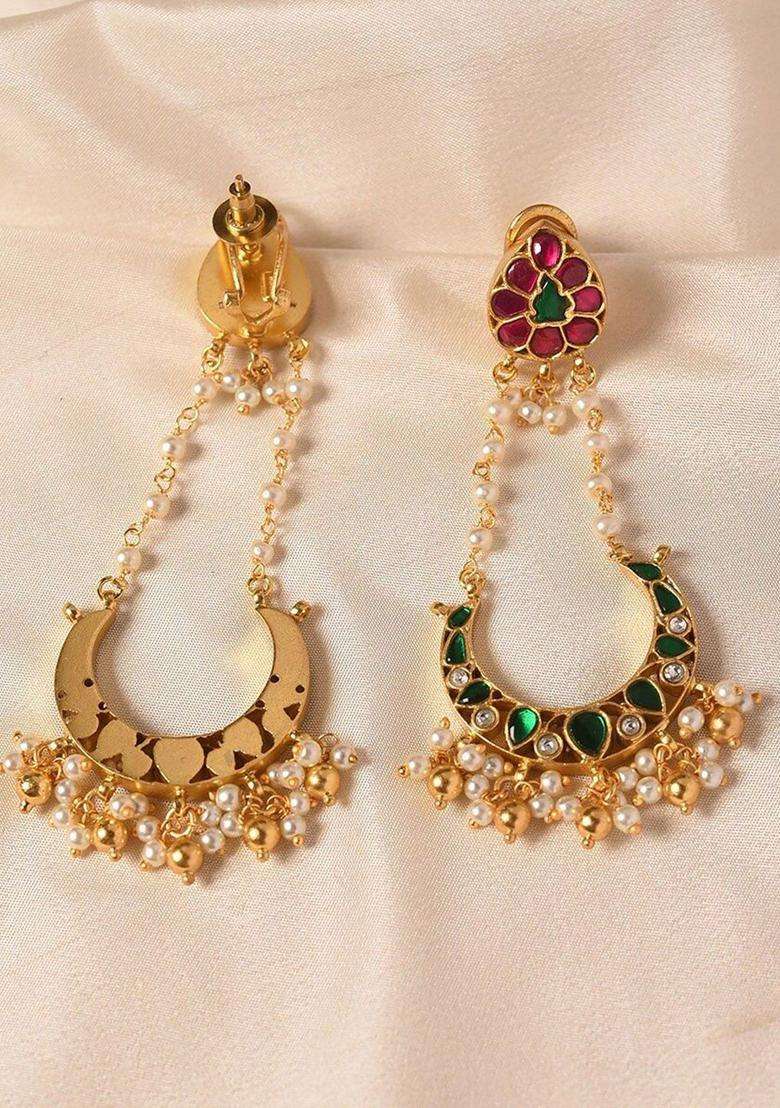 Gold-Plated Kundan Studded Crescent Drop Earrings for Women | Traditional Ethnic Jewellery for Wedding & Festive Wear | Gift for Her - Indya