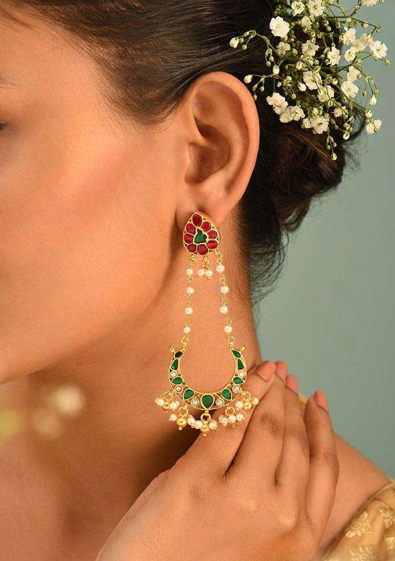 Gold-Plated Kundan Studded Crescent Drop Earrings for Women | Traditional Ethnic Jewellery for Wedding & Festive Wear | Gift for Her - Indya