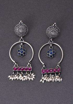 925 Silver-Plated Artificial Stones Studded Oxidised Circular Shaped Drop Earrings for Women | Traditional Ethnic Jewellery for Wedding & Festive Wear | Gift for Her