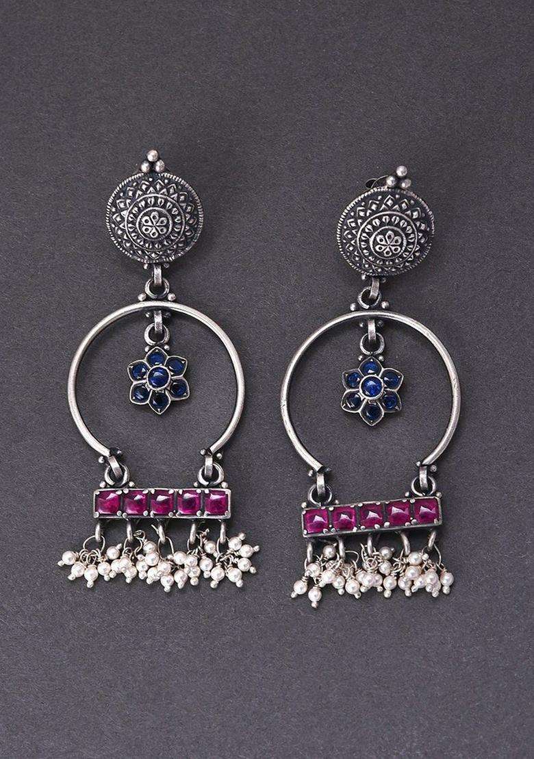 925 Silver-Plated Artificial Stones Studded Oxidised Circular Shaped Drop Earrings for Women | Traditional Ethnic Jewellery for Wedding & Festive Wear | Gift for Her - Indya