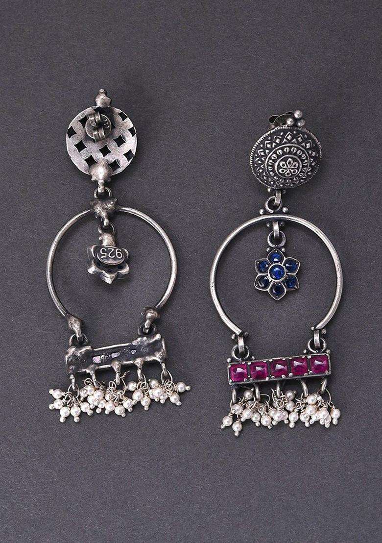 925 Silver-Plated Artificial Stones Studded Oxidised Circular Shaped Drop Earrings for Women | Traditional Ethnic Jewellery for Wedding & Festive Wear | Gift for Her - Indya