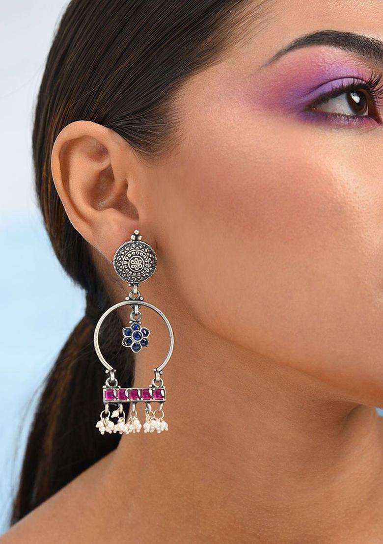 925 Silver-Plated Artificial Stones Studded Oxidised Circular Shaped Drop Earrings for Women | Traditional Ethnic Jewellery for Wedding & Festive Wear | Gift for Her - Indya