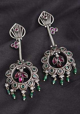 Silver-Plated Artificial Stones Studded Oxidised Contemporary Shaped Drop Earrings for Women | Traditional Ethnic Jewellery for Wedding & Festive Wear | Gift for Her