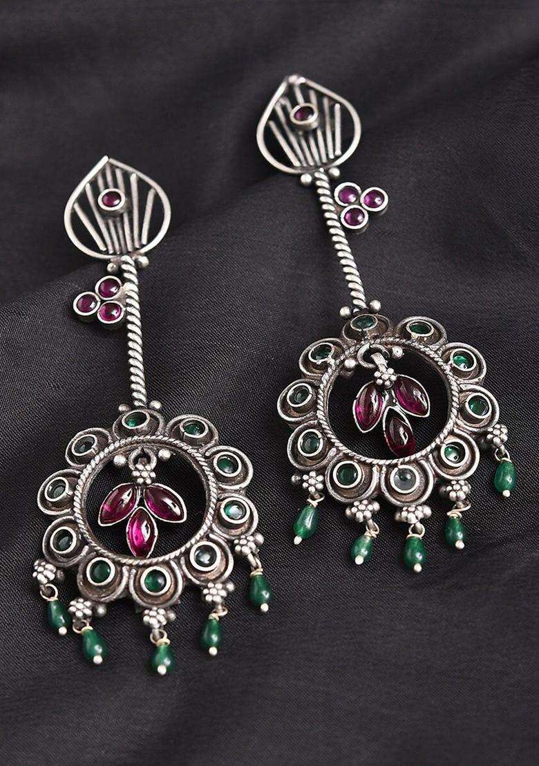 Silver-Plated Artificial Stones Studded Oxidised Contemporary Shaped Drop Earrings for Women | Traditional Ethnic Jewellery for Wedding & Festive Wear | Gift for Her - Indya