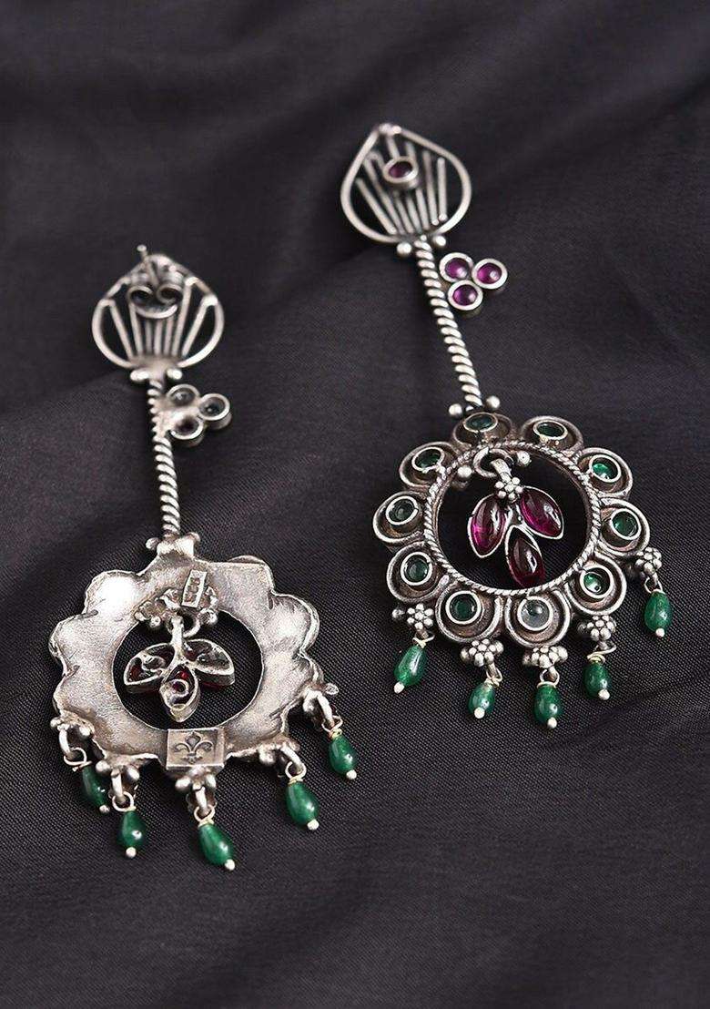 Silver-Plated Artificial Stones Studded Oxidised Contemporary Shaped Drop Earrings for Women | Traditional Ethnic Jewellery for Wedding & Festive Wear | Gift for Her - Indya