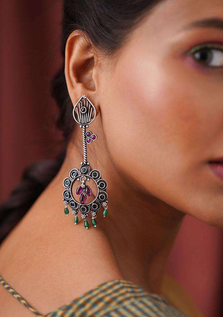 Silver-Plated Artificial Stones Studded Oxidised Contemporary Shaped Drop Earrings for Women | Traditional Ethnic Jewellery for Wedding & Festive Wear | Gift for Her - Indya