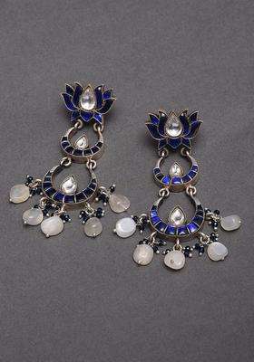 Silver-Plated Kundan Studded Contemporary Drop Earrings for Women | Traditional Ethnic Jewellery for Wedding & Festive Wear | Gift for Her