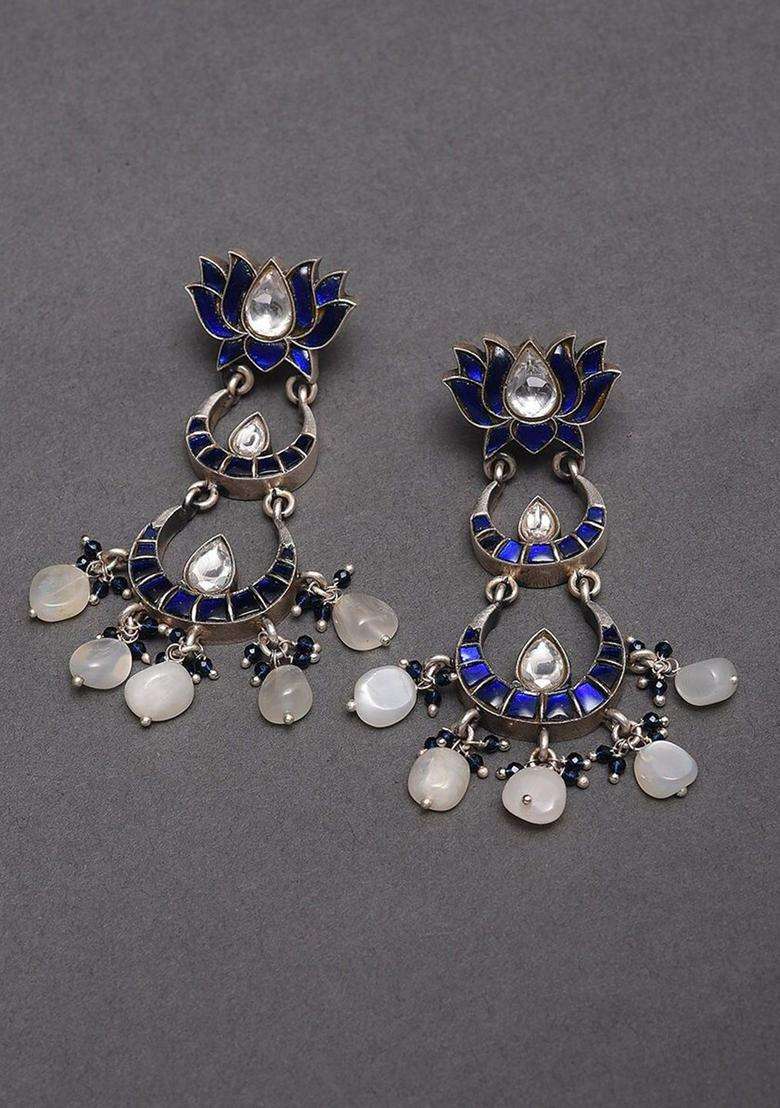 Silver-Plated Kundan Studded Contemporary Drop Earrings for Women | Traditional Ethnic Jewellery for Wedding & Festive Wear | Gift for Her - Indya