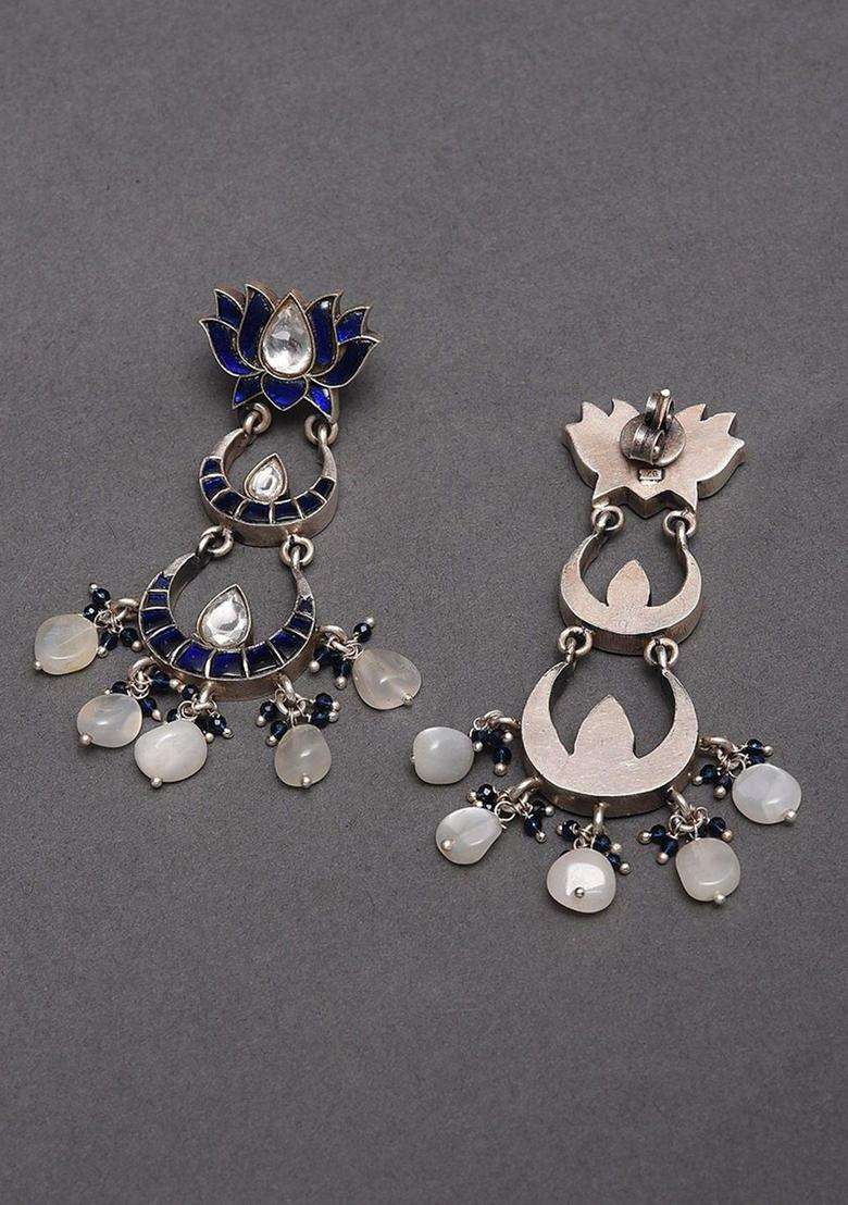 Silver-Plated Kundan Studded Contemporary Drop Earrings for Women | Traditional Ethnic Jewellery for Wedding & Festive Wear | Gift for Her - Indya
