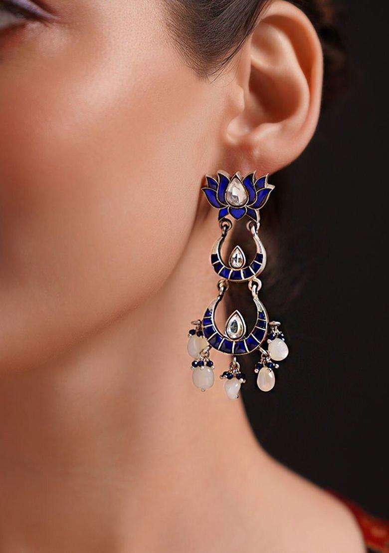 Silver-Plated Kundan Studded Contemporary Drop Earrings for Women | Traditional Ethnic Jewellery for Wedding & Festive Wear | Gift for Her - Indya