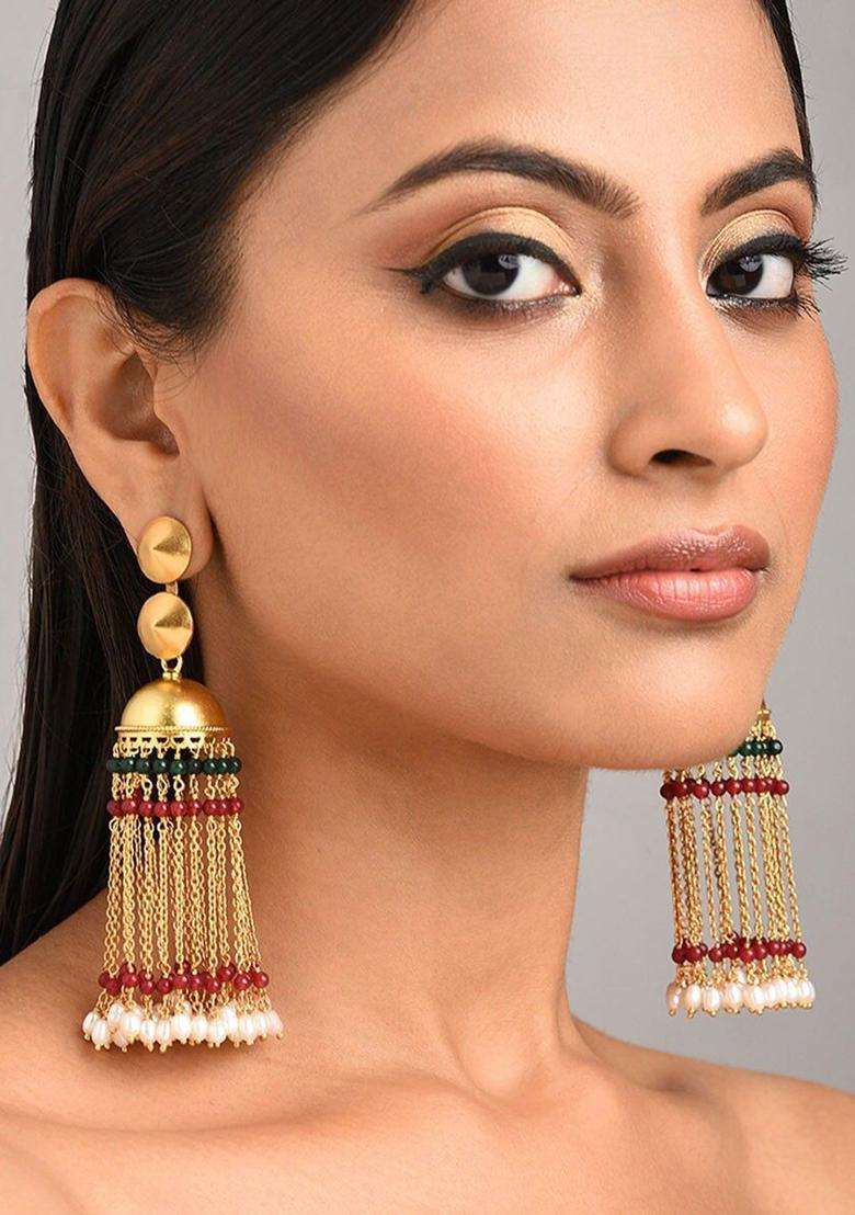 Gold-Plated Pearls Studded Dome Shaped Jhumkas Earrings for Women | Traditional Ethnic Jewellery for Wedding & Festive Wear | Gift for Her - Indya