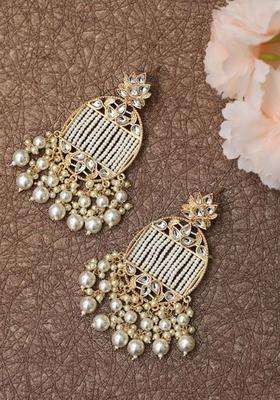 Gold-Plated White Kundan Pearl Oval Drop Earrings for Women | Traditional Ethnic Jewellery for Wedding & Festive Wear | Gift for Her