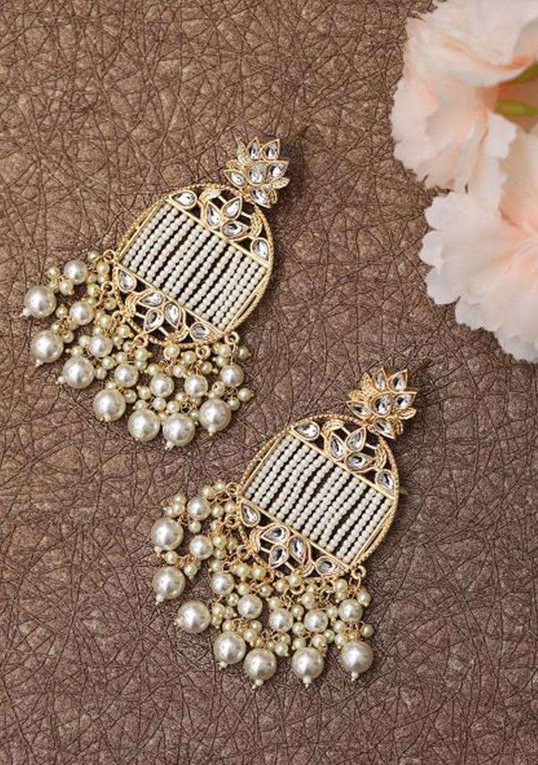 Gold-Plated White Kundan Pearl Oval Drop Earrings for Women | Traditional Ethnic Jewellery for Wedding & Festive Wear | Gift for Her - Indya