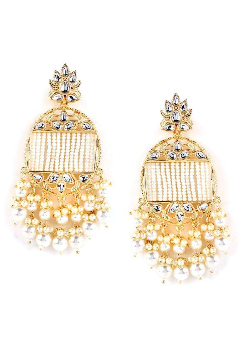 Gold-Plated White Kundan Pearl Oval Drop Earrings for Women | Traditional Ethnic Jewellery for Wedding & Festive Wear | Gift for Her - Indya