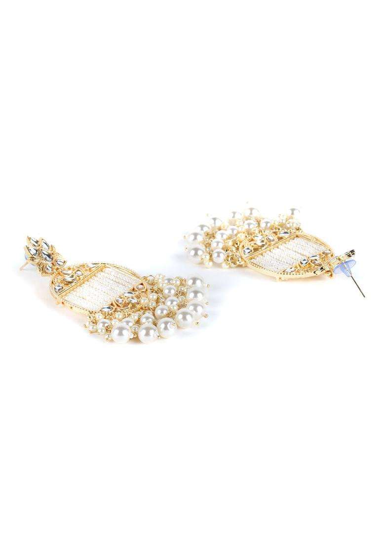 Gold-Plated White Kundan Pearl Oval Drop Earrings for Women | Traditional Ethnic Jewellery for Wedding & Festive Wear | Gift for Her - Indya