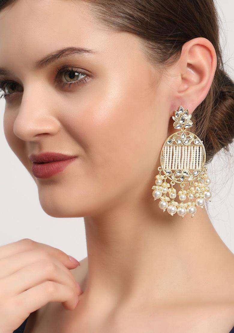 Gold-Plated White Kundan Pearl Oval Drop Earrings for Women | Traditional Ethnic Jewellery for Wedding & Festive Wear | Gift for Her - Indya