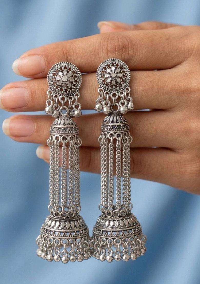Silver-Plated Circular Jhumkas Earrings for Women | Traditional Ethnic Jewellery for Wedding & Festive Wear | Gift for Her - Indya