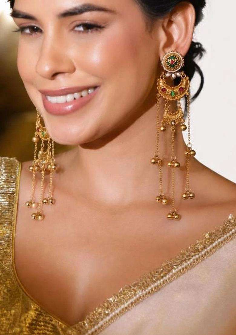 Gold-Plated Crescent Shaped Jhumkas Earrings for Women | Traditional Ethnic Jewellery for Wedding & Festive Wear | Gift for Her - Indya