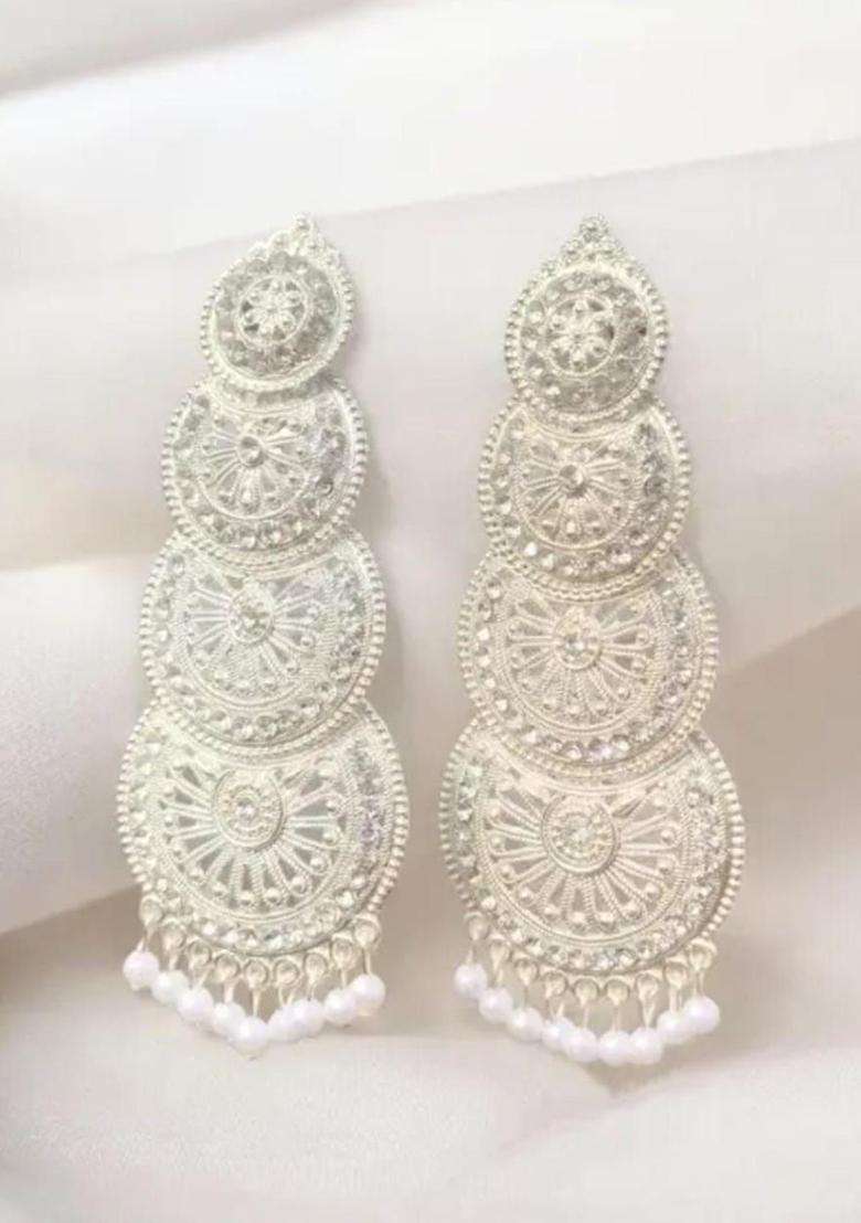 Silver-Plated Stones Studded & Beaded Contemporary Drop Earrings for Women | Traditional Ethnic Jewellery for Wedding & Festive Wear | Gift for Her - Indya