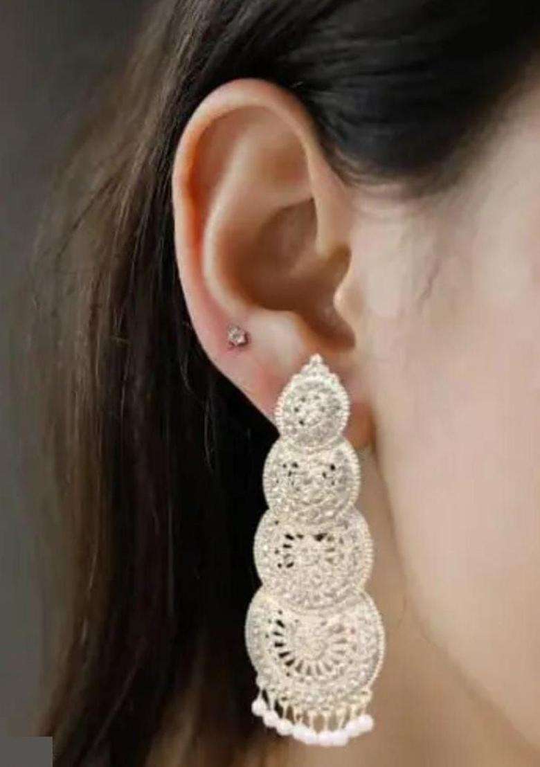 Silver-Plated Stones Studded & Beaded Contemporary Drop Earrings for Women | Traditional Ethnic Jewellery for Wedding & Festive Wear | Gift for Her - Indya
