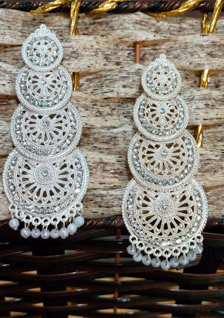 Silver-Plated Artificial Stones Studded and Beaded Drop Earrings for Women | Traditional Ethnic Jewellery for Wedding & Festive Wear | Gift for Her - Indya