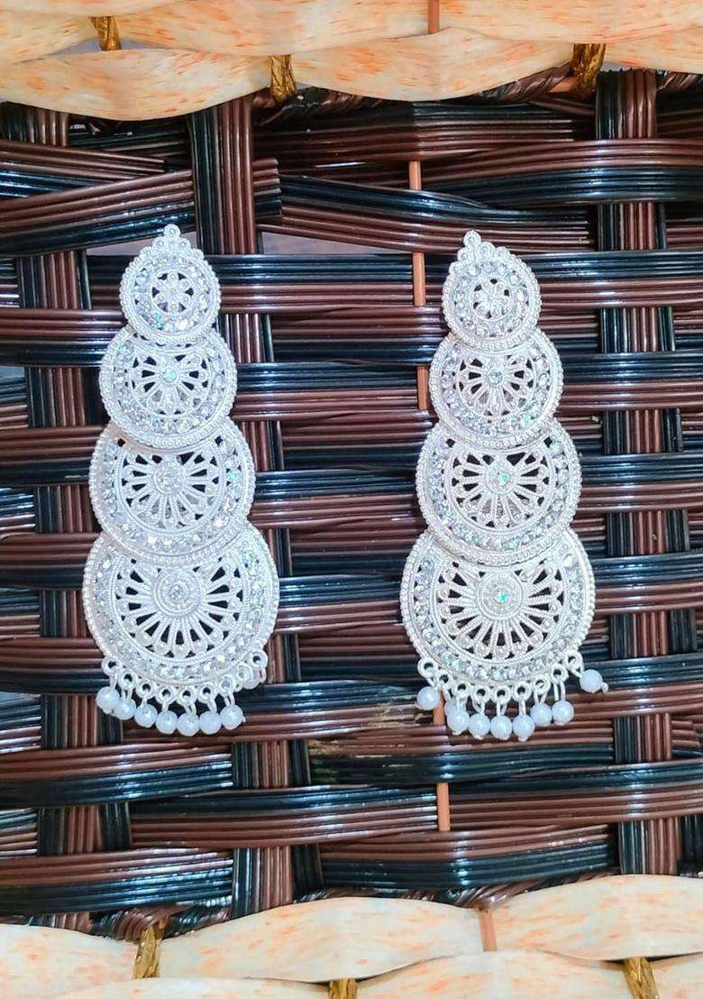 Silver-Plated Artificial Stones Studded and Beaded Drop Earrings for Women | Traditional Ethnic Jewellery for Wedding & Festive Wear | Gift for Her - Indya
