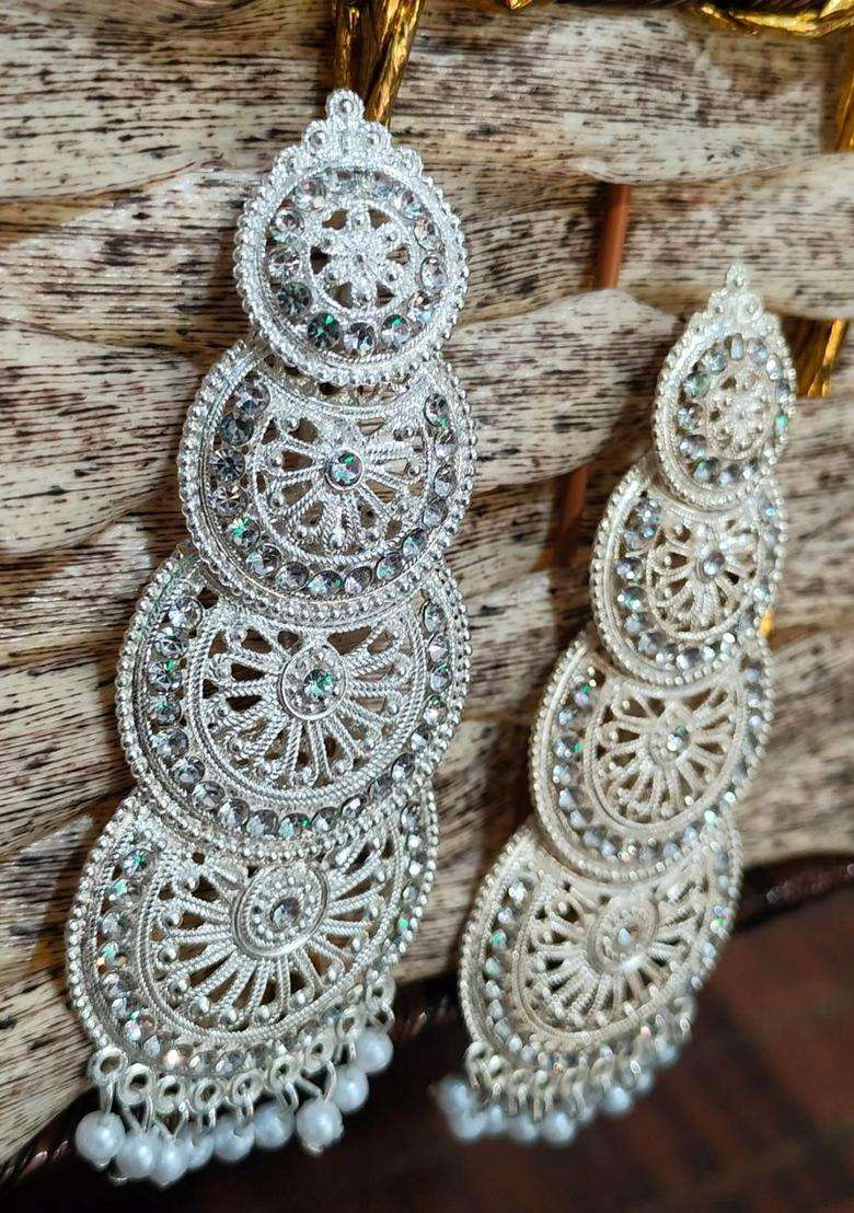 Silver-Plated Artificial Stones Studded and Beaded Drop Earrings for Women | Traditional Ethnic Jewellery for Wedding & Festive Wear | Gift for Her - Indya